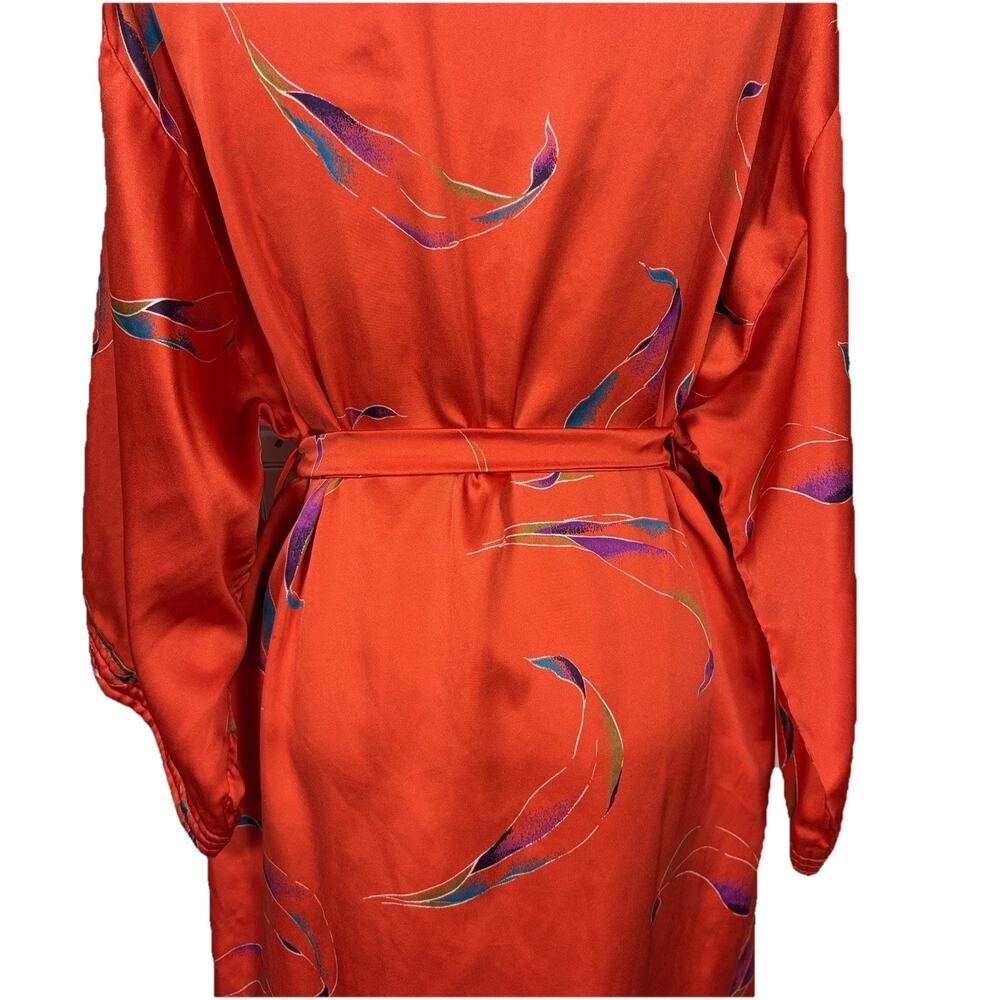Vintage California Dynasty Style Kimono Robe Belt Red Botanical Satin Size Large - Picture 7 of 14